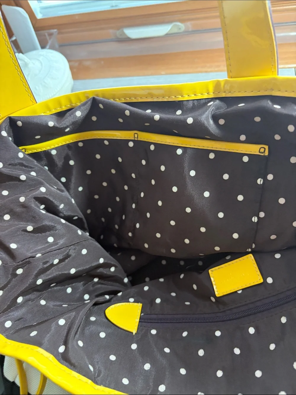 Striped Yellow, white and brown Canvas Bag with Patent Trim